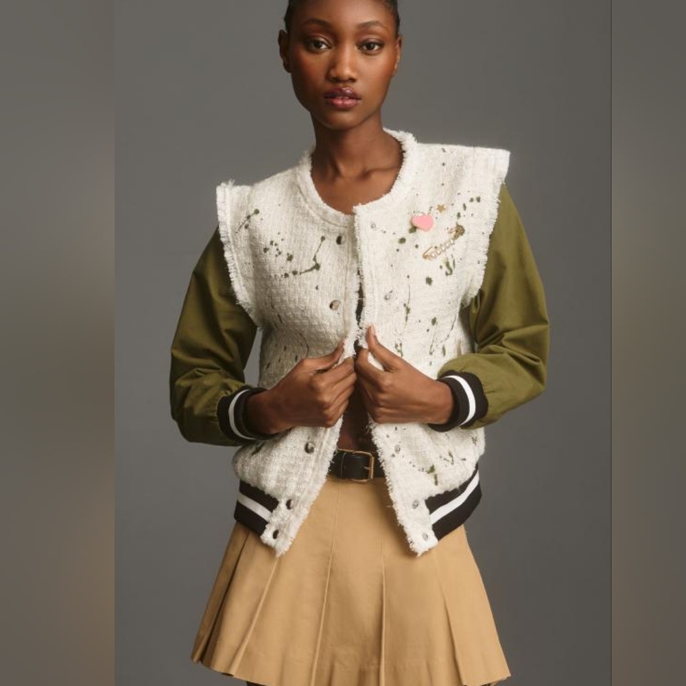 Anthropologie Paint Splatter Tweed Bomber Jacket size XS